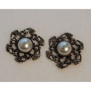 Vintage Style Filigree Simulated Pearl Cabochon Earrings – Antique Gold Tone